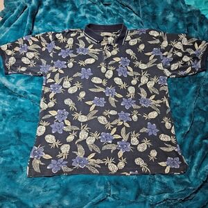 VTG Bugle Boy Polo Shirt Mens Patterned Navy Pineapple‎ Flower Short Sleeve
